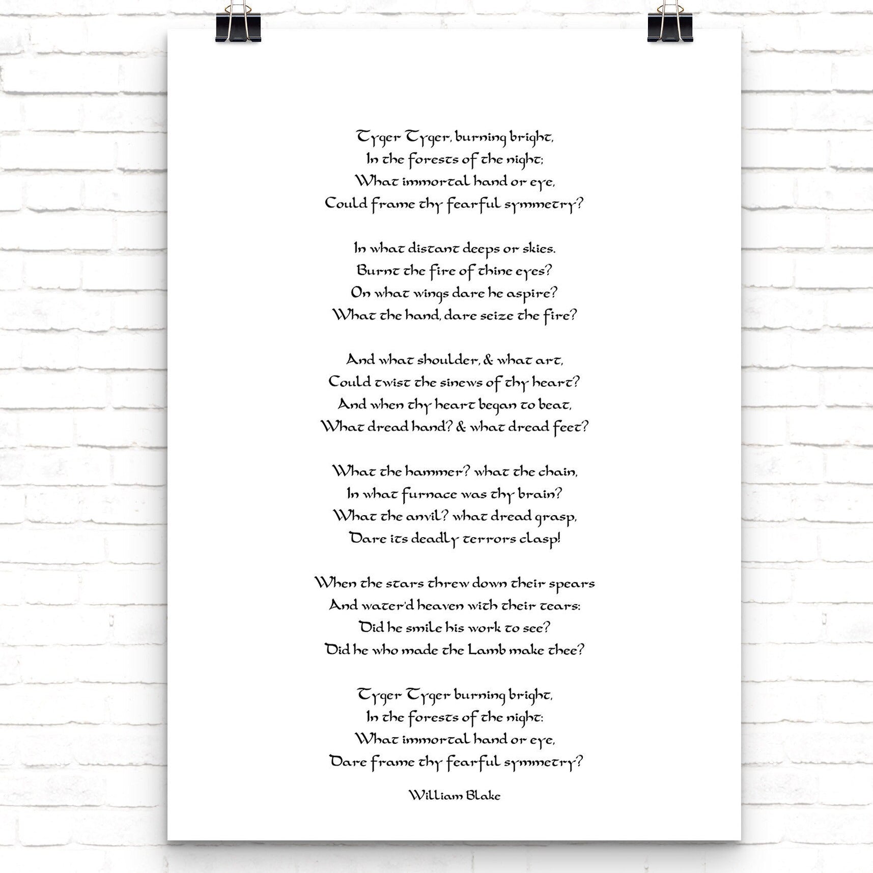 William Blake The Tyger Poem Print Black & White Art for Home Wall Decor, Unframed
