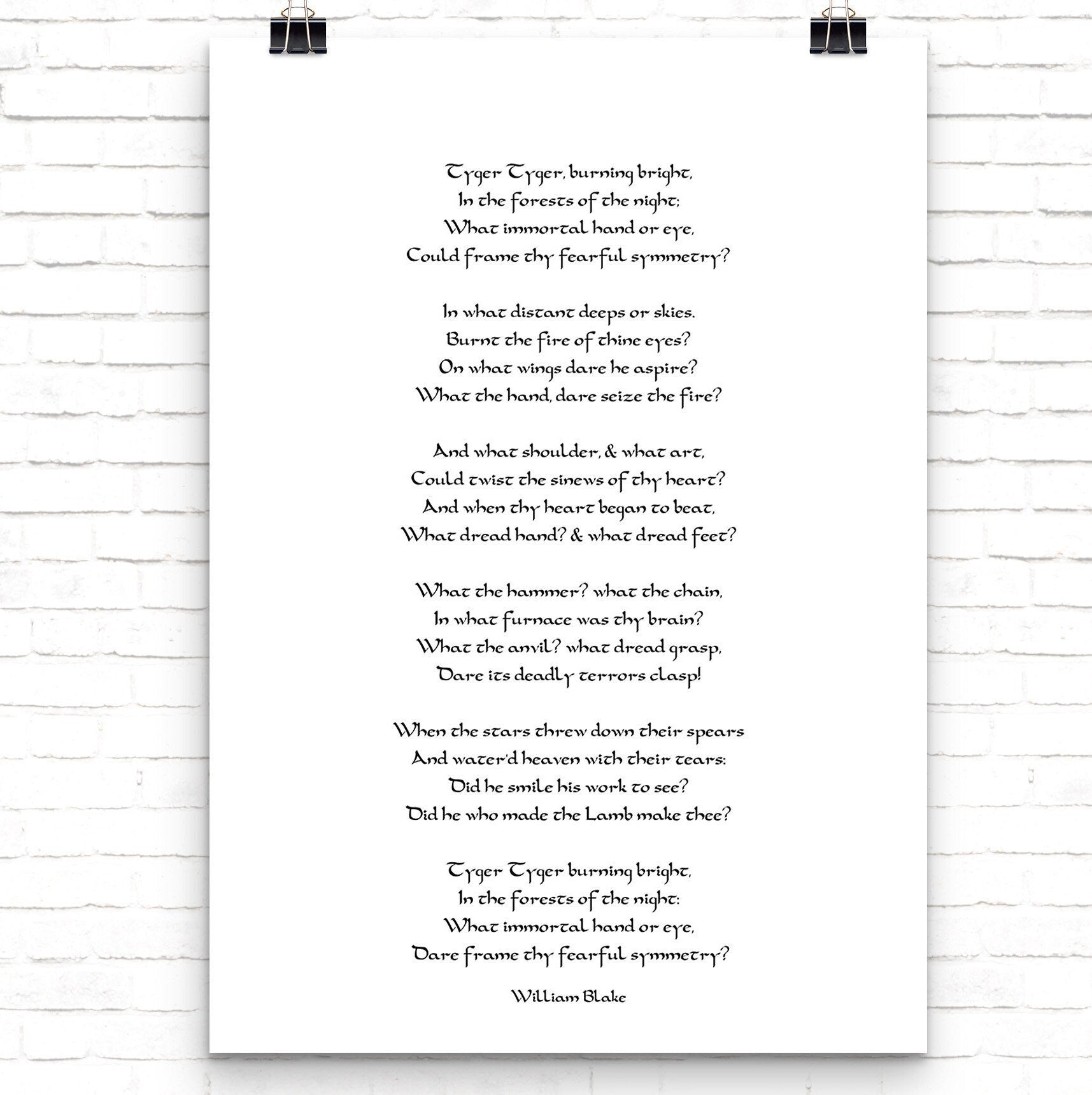 William Blake The Tyger Poem Print Black & White Art for Home Wall Decor, Unframed