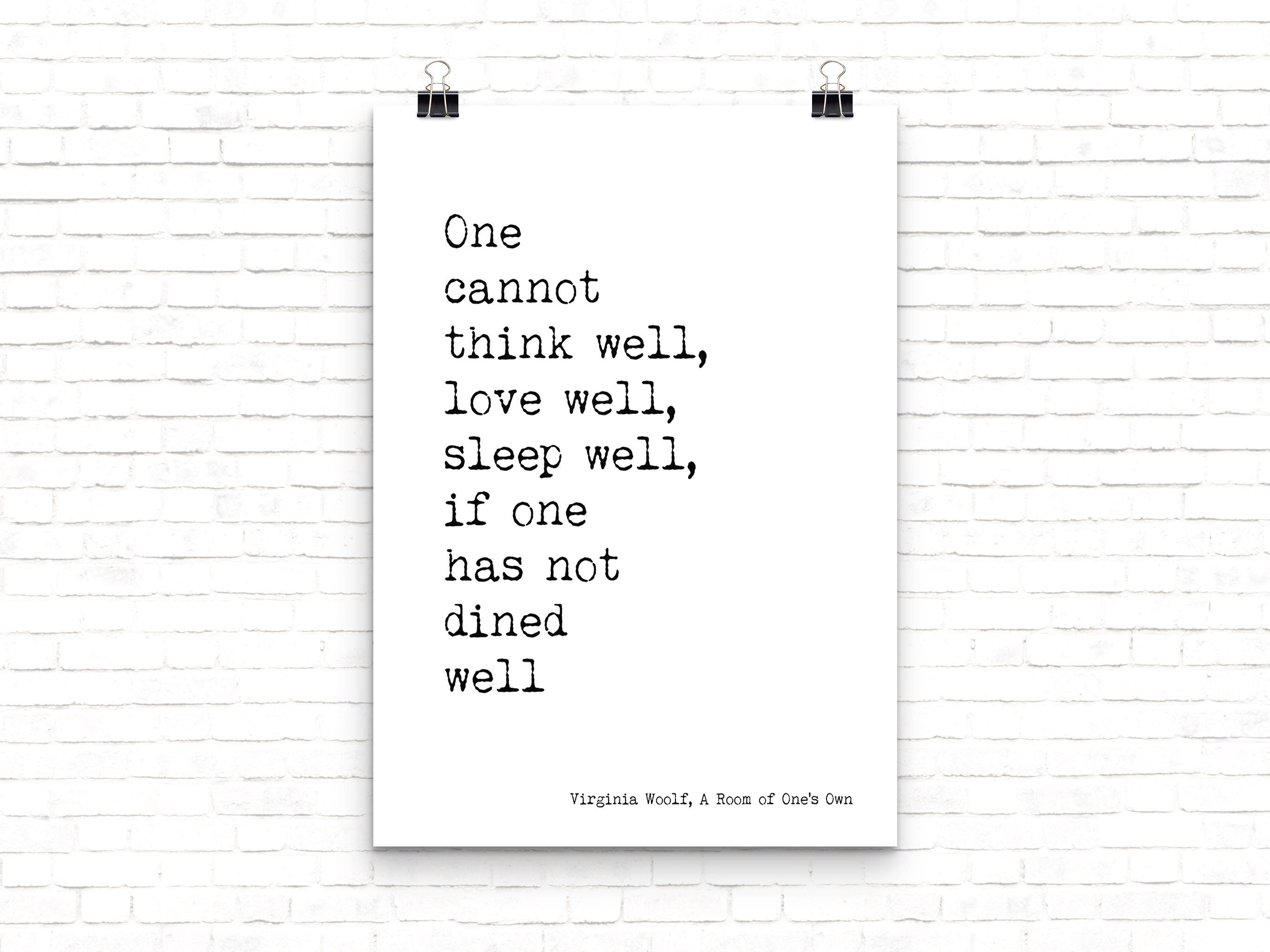 Virginia Woolf Quote Print – “One cannot think well…” Literary Kitchen Wall Art, Food and Love Quote, Feminist Vintage Book Page Poster
