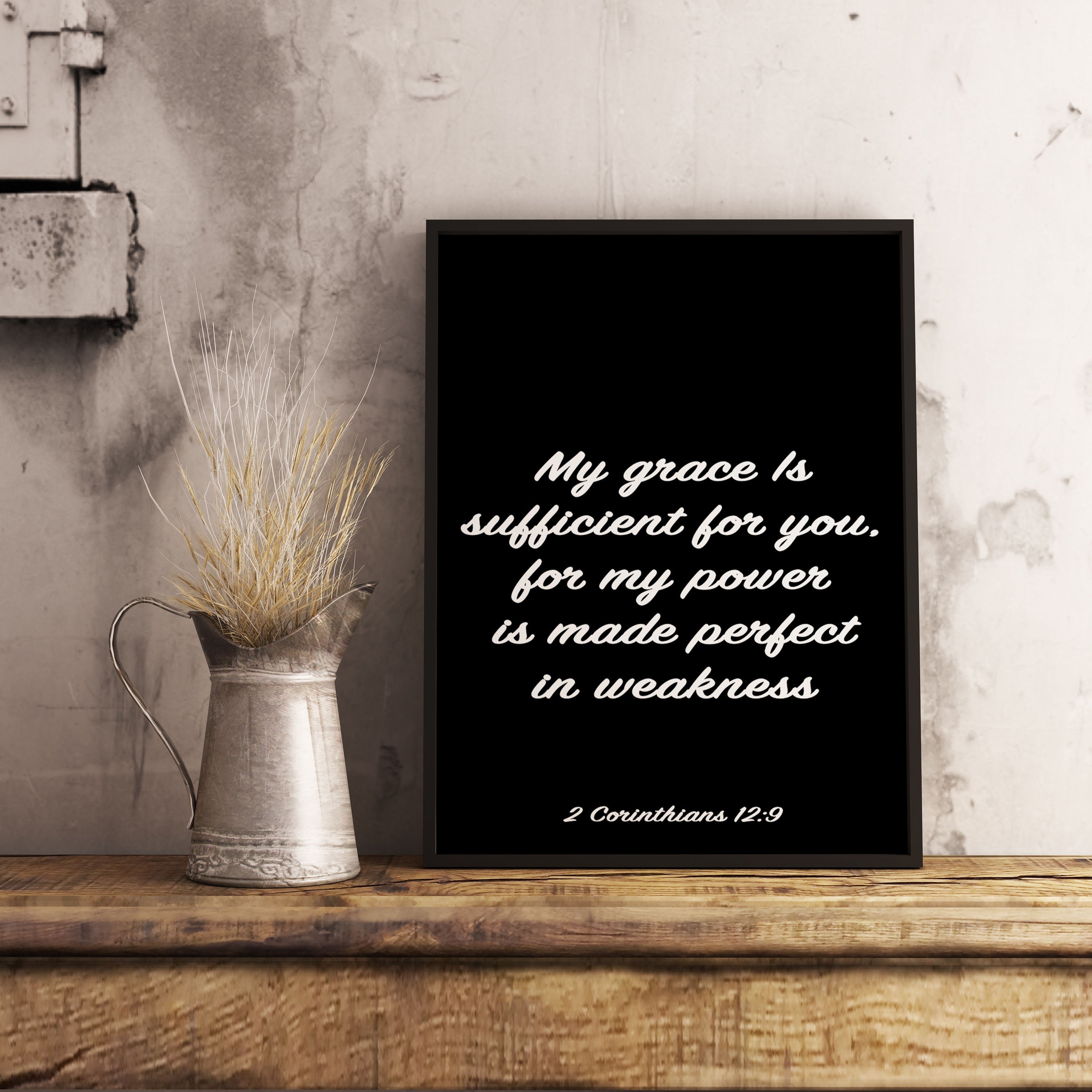 Bible Verse Print "My Grace Is Sufficient" from 2 Corinthians 12:9. Christian Wall Art | Inspirational Scripture Decor in Black or White