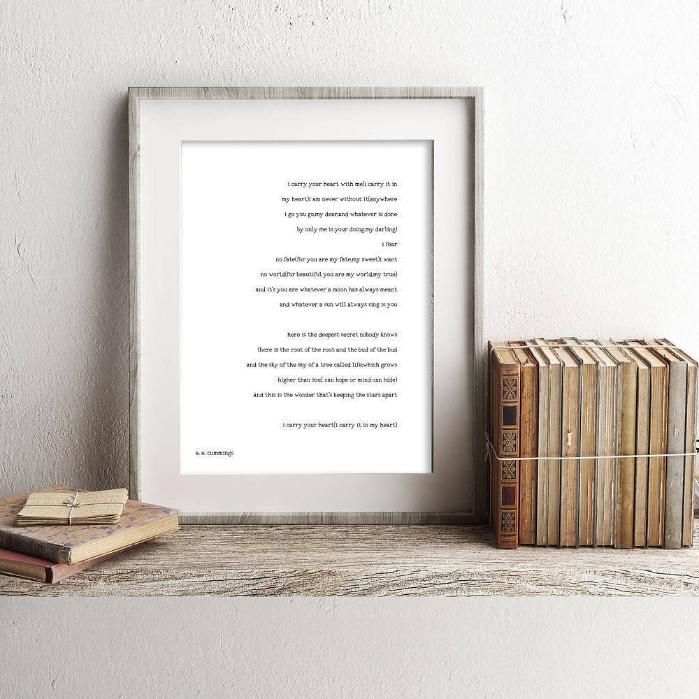 i carry your heart wall art, ee cummings black & white art wall decor