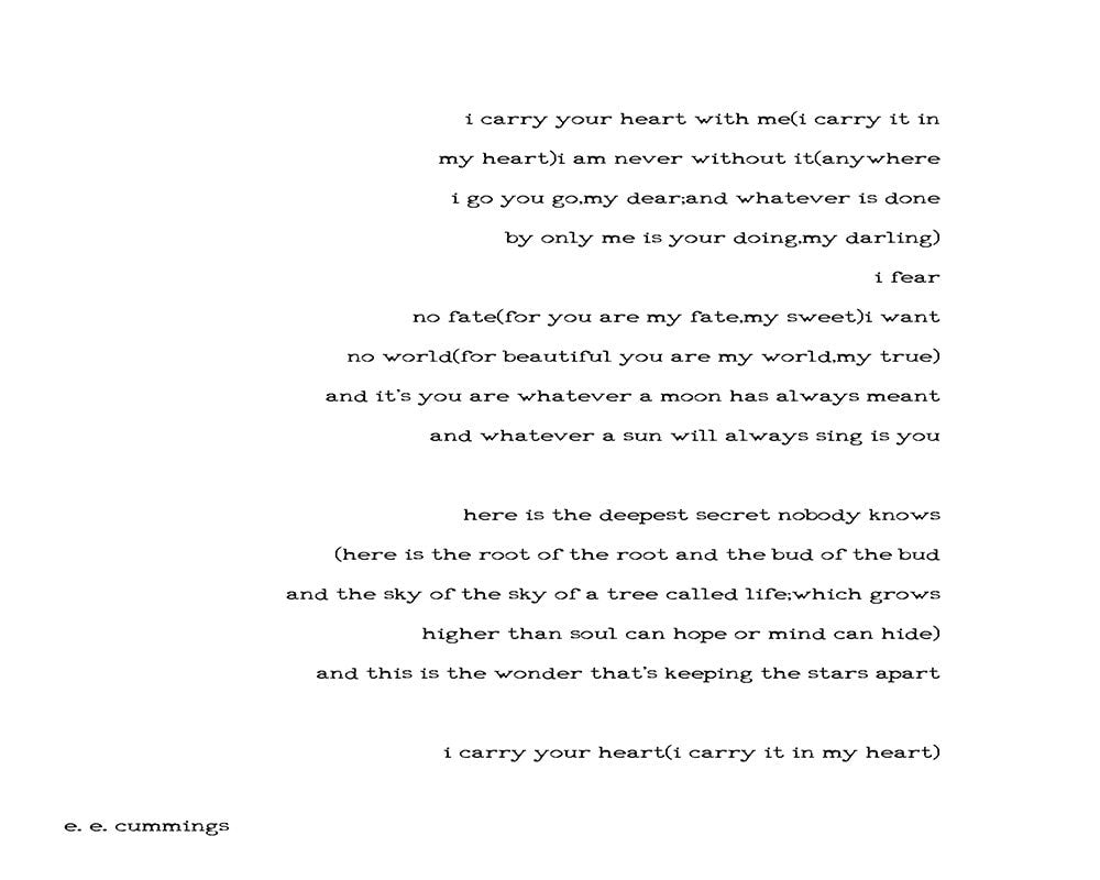 e e cummings I carry your heart Wall Art Print in Black and White, Unframed and Framed Art