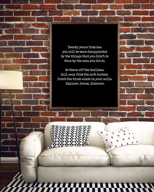 Mark Twain Travel Quote Print, Explore Dream Discover Inspirational Wall Art