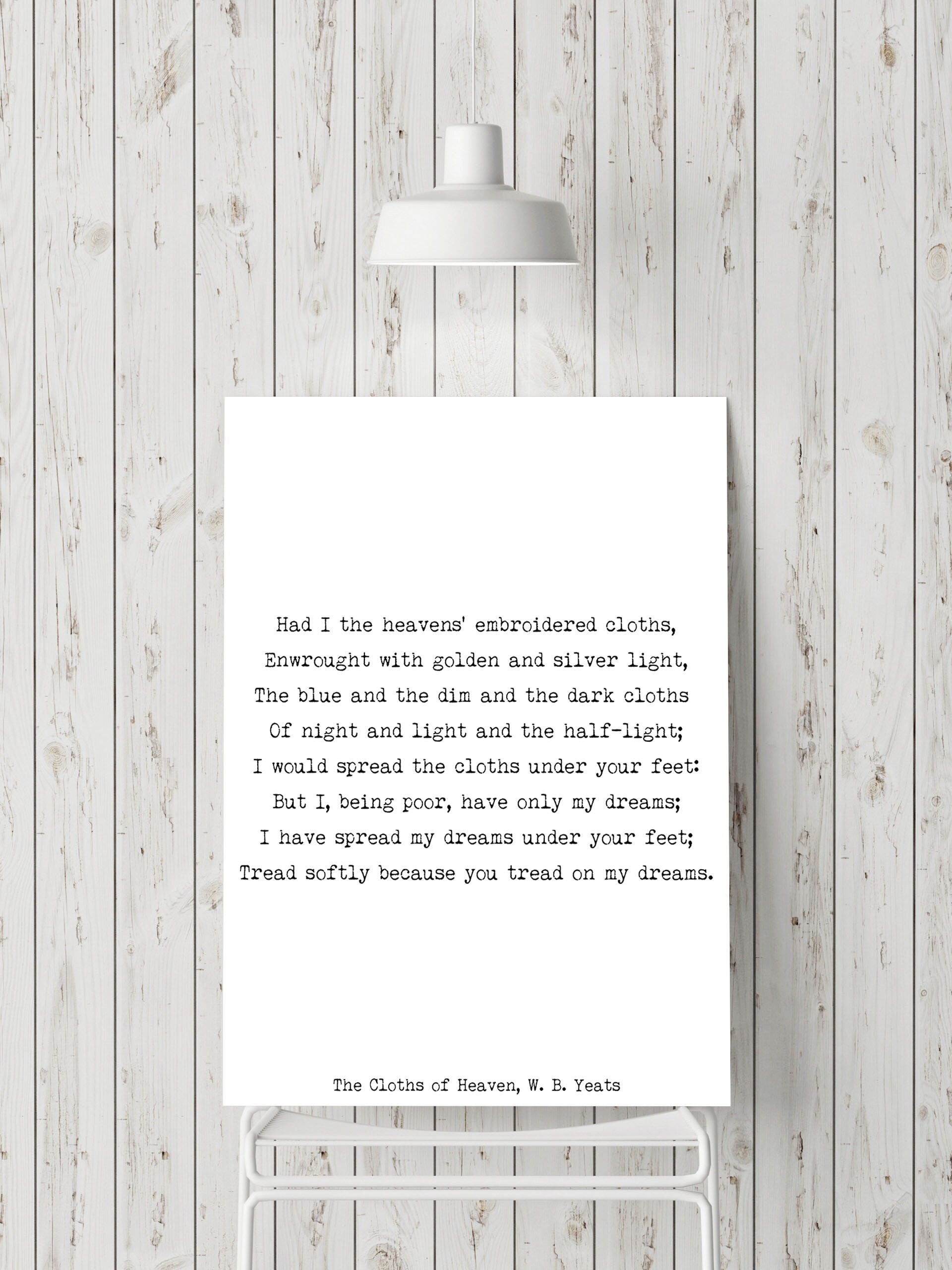 W.B. Yeats Quote Print – The Cloths of Heaven Poem – Book Page Style Vintage Literary Wall Art, Framed or Unframed