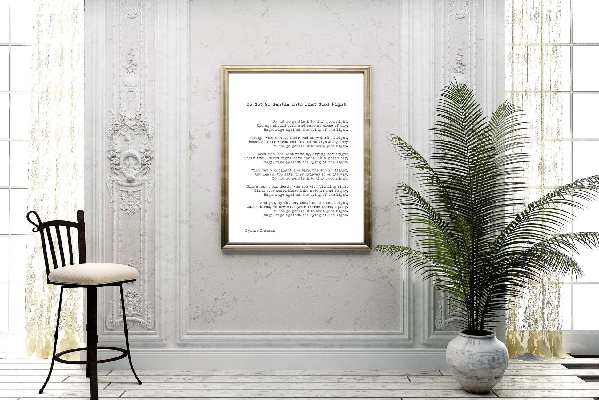 Dylan Thomas Poem Print, Do Not Go Gentle Into That Good Night Poetry Poster in Black & White for Home Wall Decor