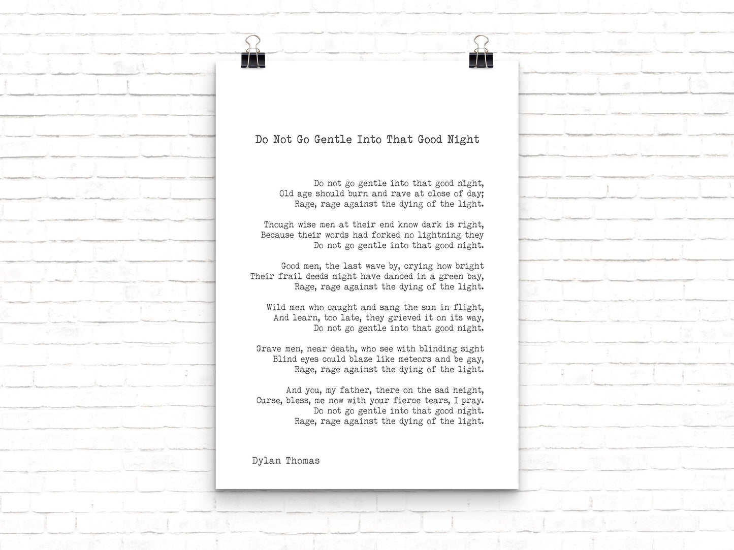 Dylan Thomas Poem Print, Do Not Go Gentle Into That Good Night Poetry Poster in Black & White for Home Wall Decor