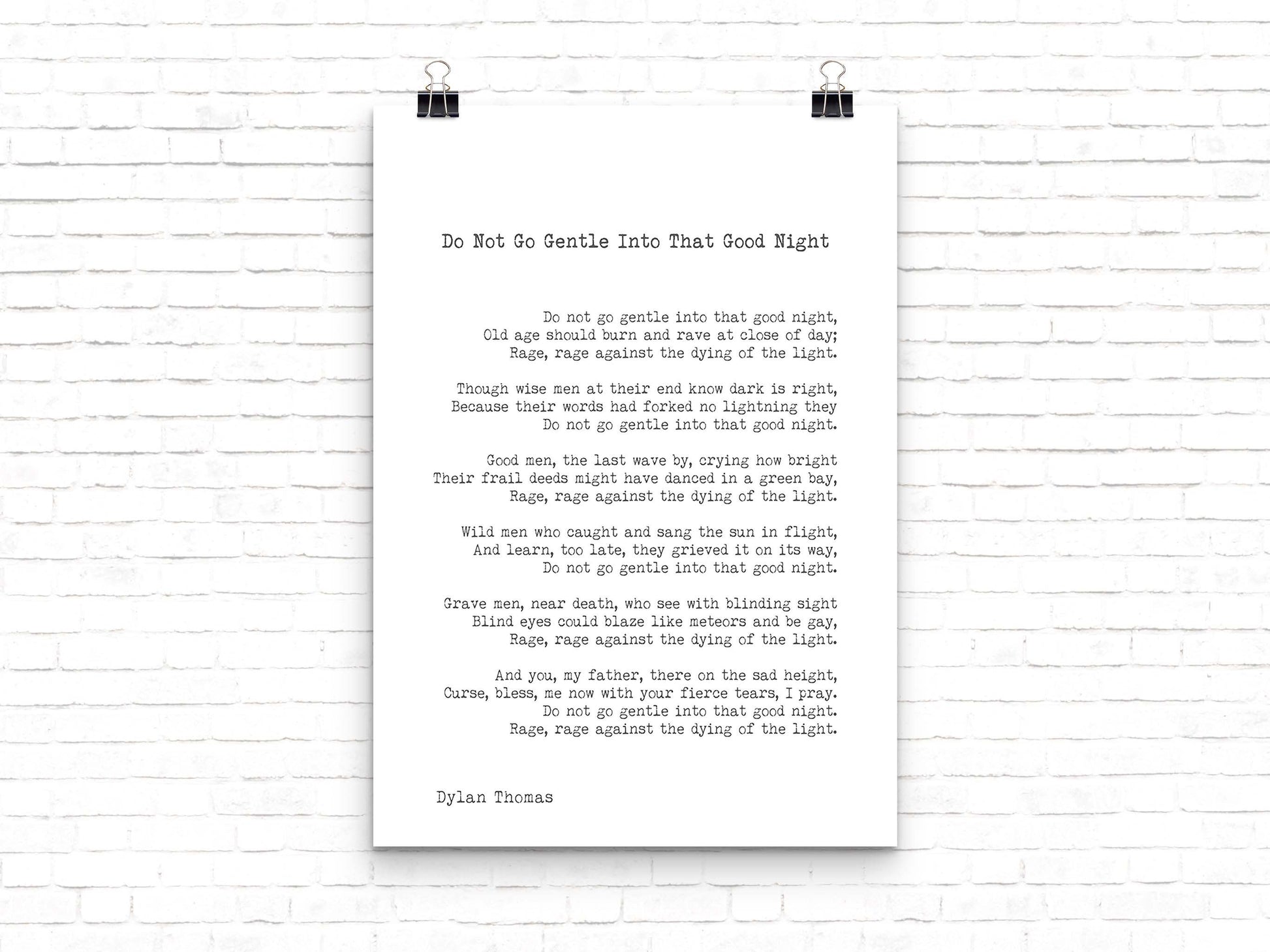 Dylan Thomas Poem Print, Do Not Go Gentle Into That Good Night Poetry Poster in Black & White for Home Wall Decor