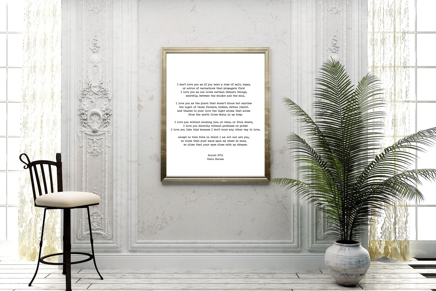 I Love You Without Pablo Neruda Poetry Wall Decor - Romantic Quote Art Framed Unframed
