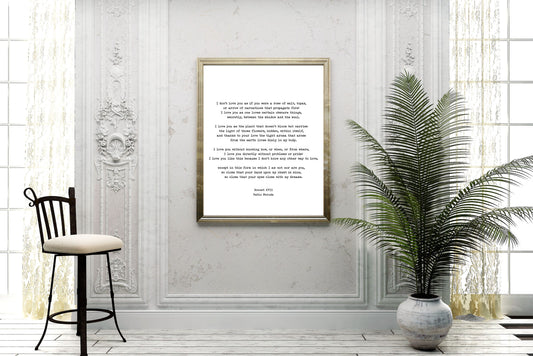 I Love You Without Pablo Neruda Poetry Wall Decor - Romantic Quote Art Framed Unframed