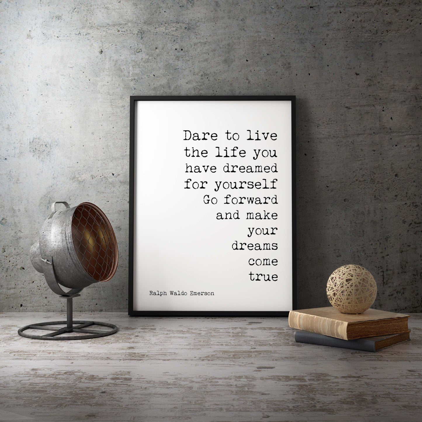 Framed Ralph Waldo Emerson Quote Print – Dream Life Motivational Poster in Typewriter Font, Vintage Style Wall Art