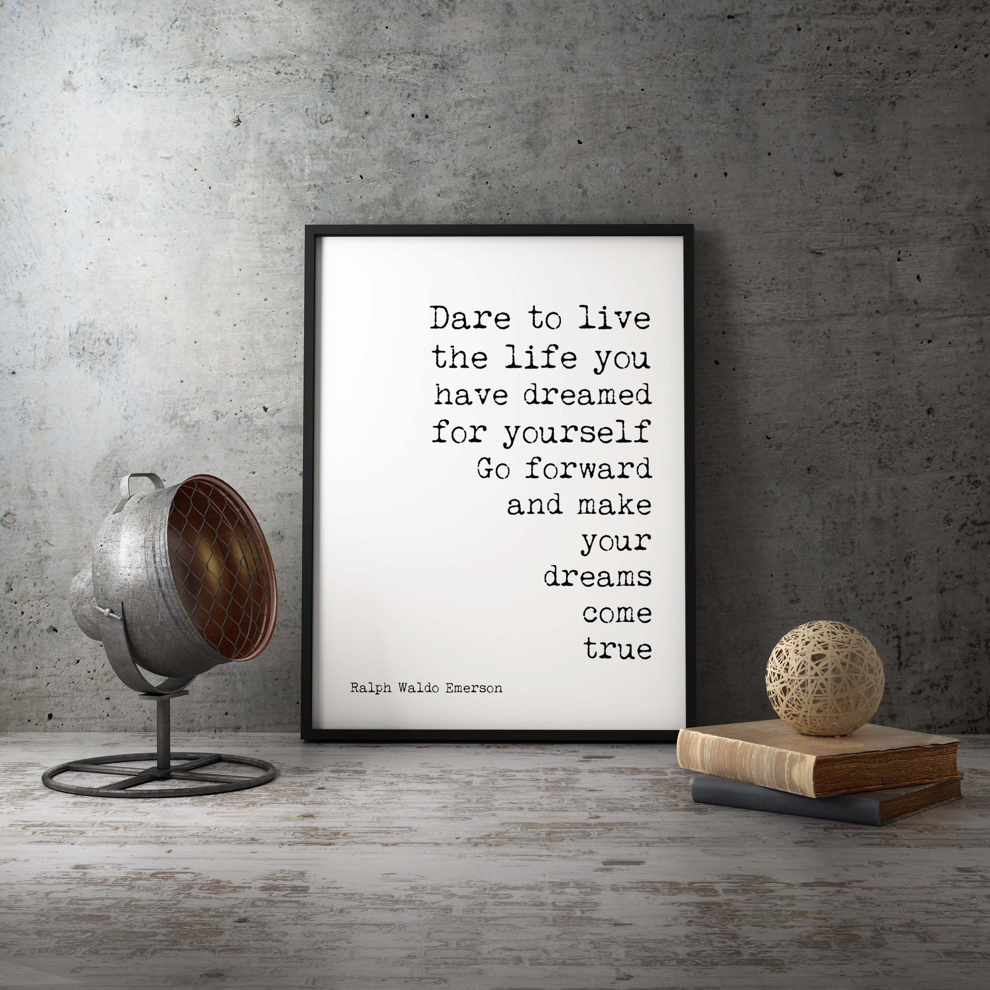 Framed Ralph Waldo Emerson Quote Print – Dream Life Motivational Poster in Typewriter Font, Vintage Style Wall Art