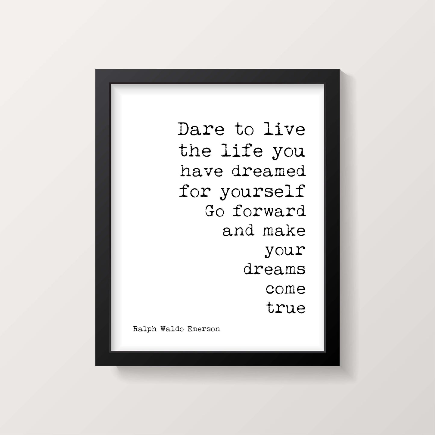 Framed Ralph Waldo Emerson Quote Print – Dream Life Motivational Poster in Typewriter Font, Vintage Style Wall Art