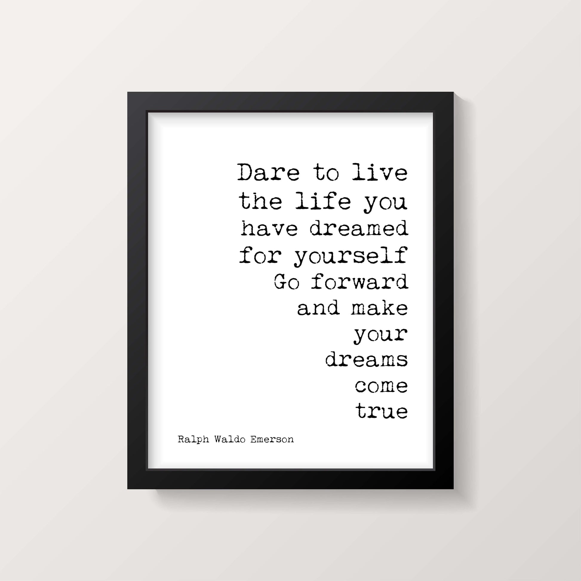 Framed Ralph Waldo Emerson Quote Print – Dream Life Motivational Poster in Typewriter Font, Vintage Style Wall Art