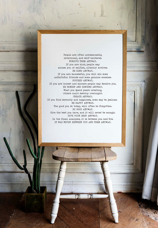 Do It Anyway Prayer Black & White Wall Art Print, Mother Teresa Poem Art