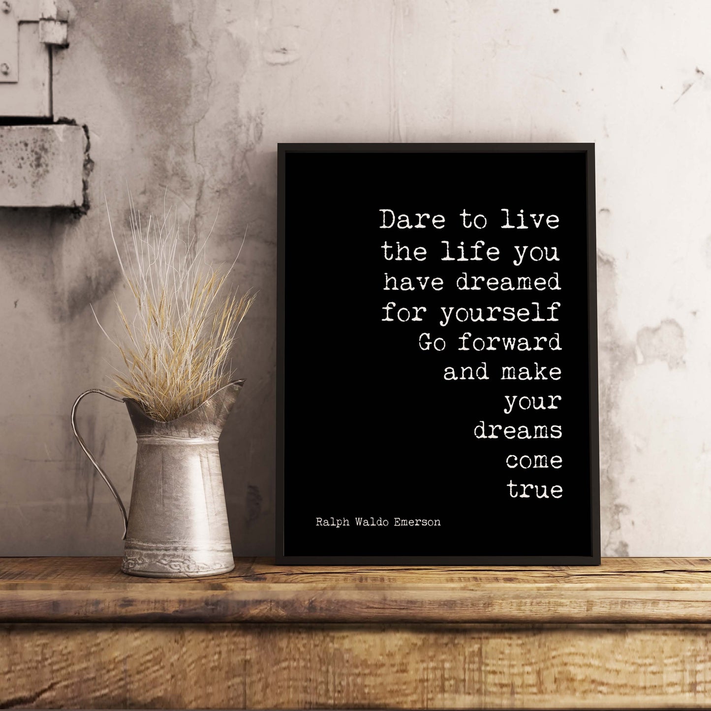 Framed Ralph Waldo Emerson Quote Print – Dream Life Motivational Poster in Typewriter Font, Vintage Style Wall Art