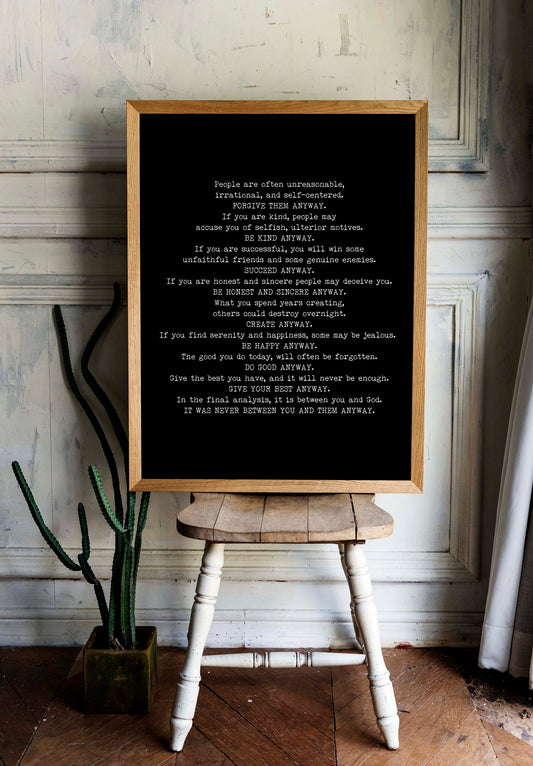 Do It Anyway Prayer Black & White Wall Art Print, Mother Teresa Poem Art