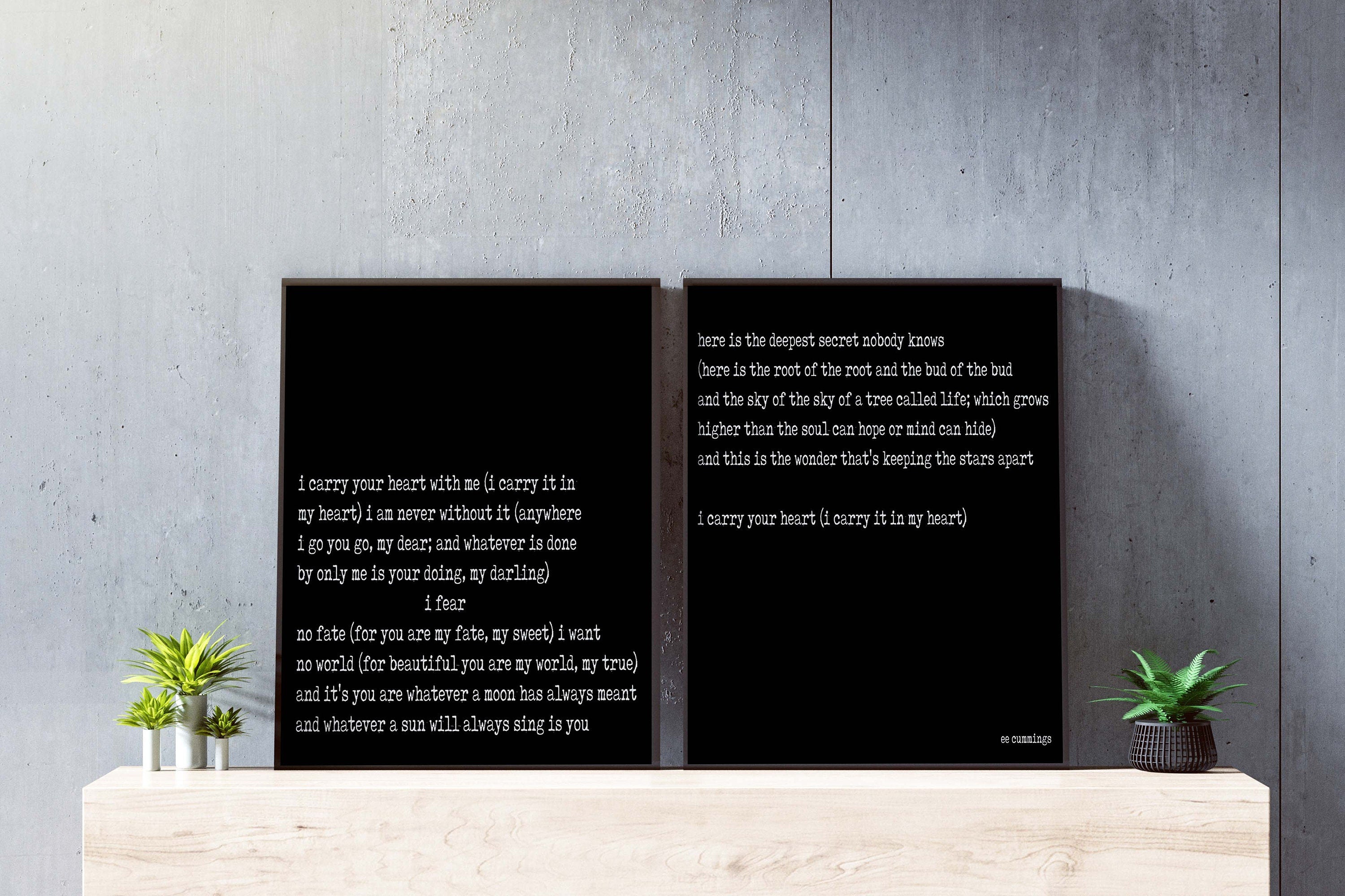 e e cummings Poetry Print Set I Carry Your Heart Two Print Literary Wall Art Romantic Poem Decor
