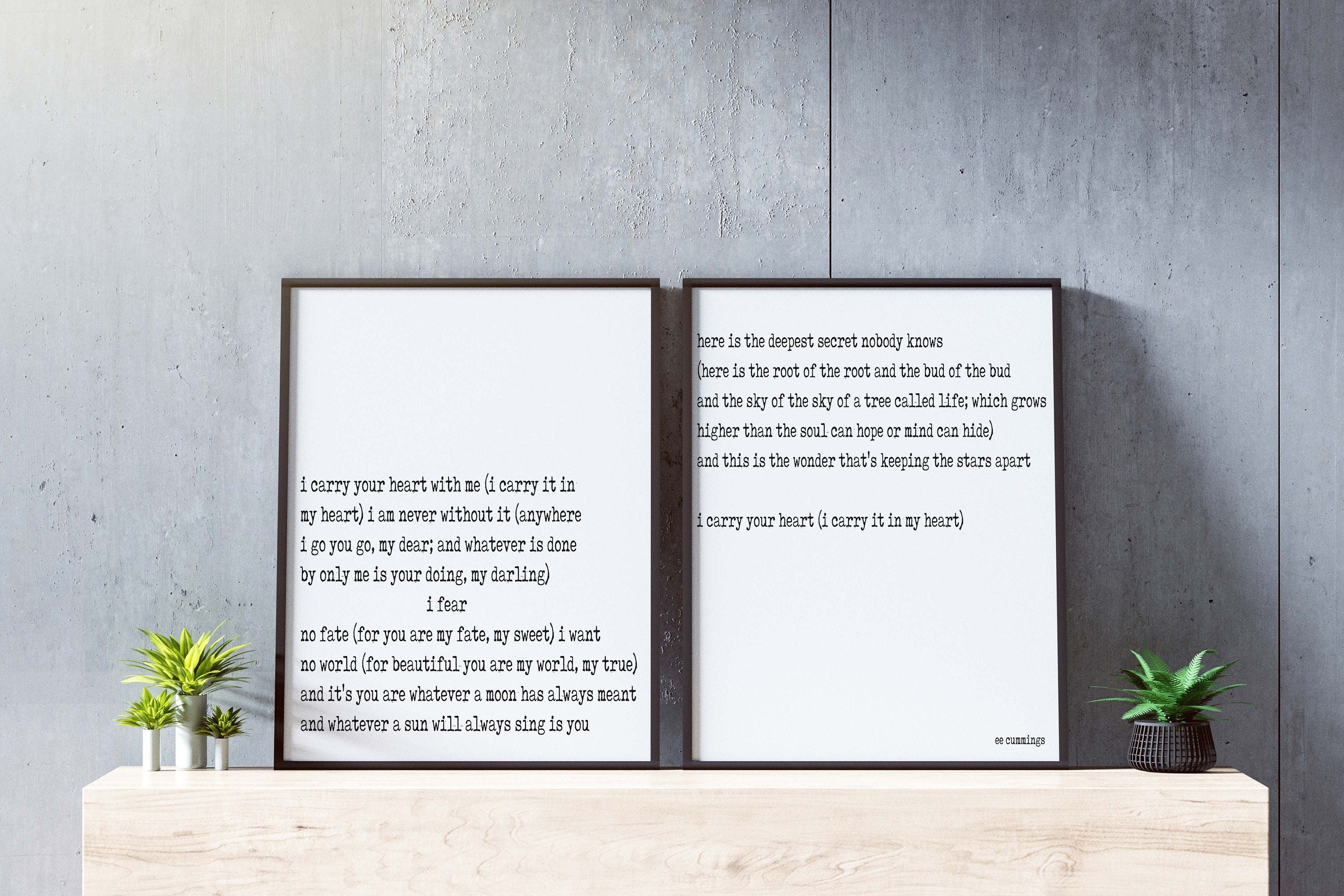 e e cummings Poetry Print Set I Carry Your Heart Two Print Literary Wall Art Romantic Poem Decor