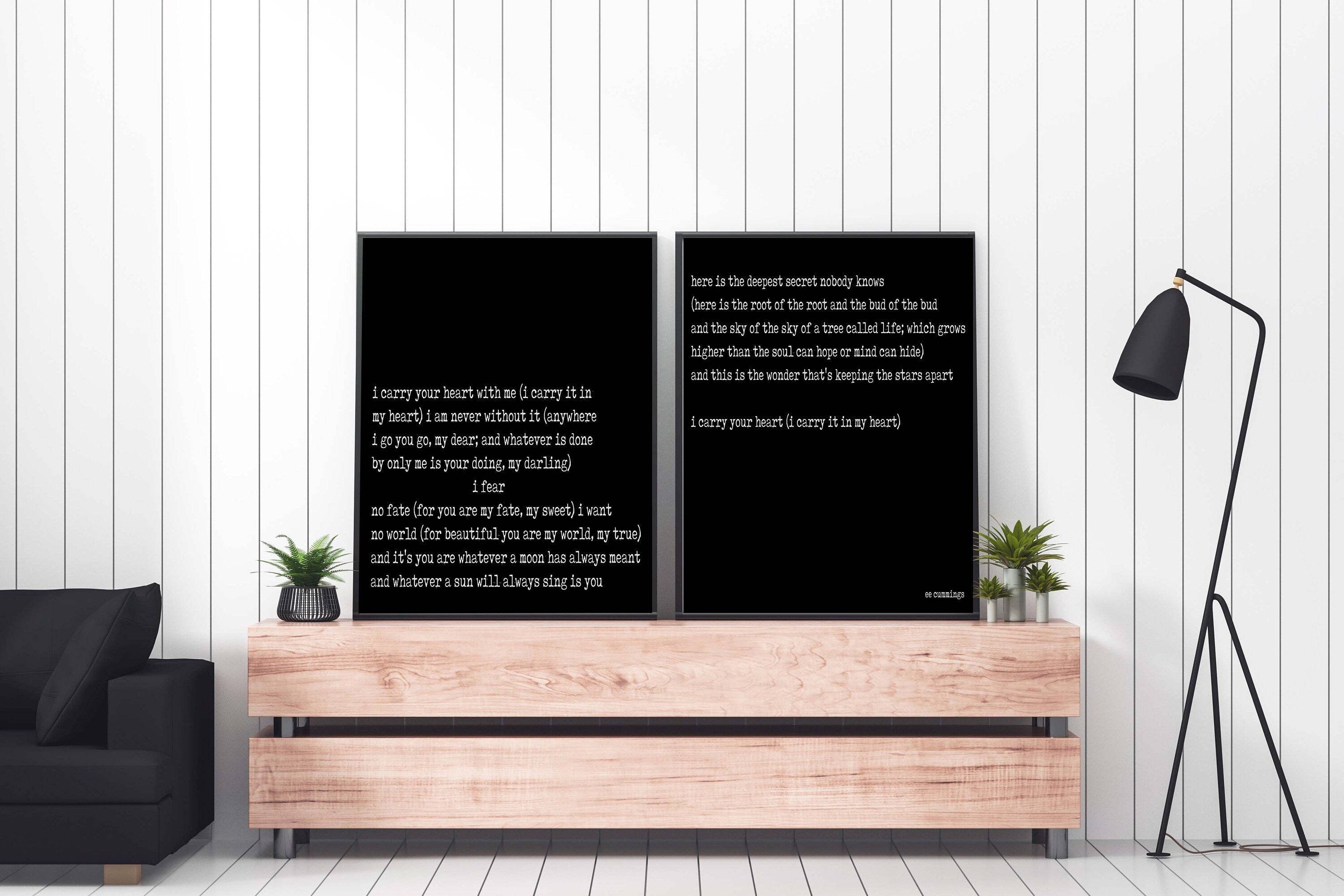 I carry your heart Framed art print set of 2, EE Cummings Wall Art Prints black & white wall decor