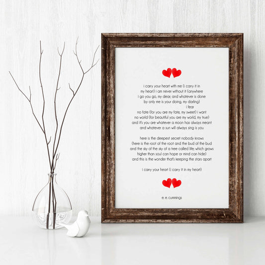 E. E. Cummings Love Poem Art Print – I Carry Your Heart With Me – Romantic Literary Wall Art