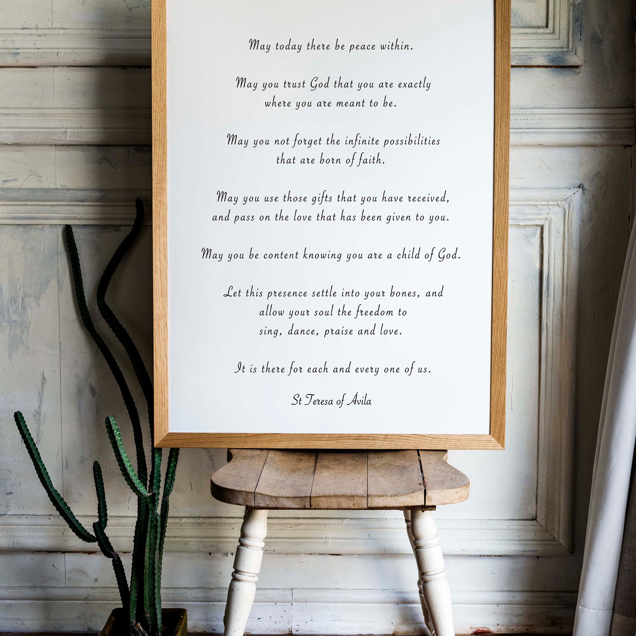 St. Teresa Of Avila Peace Quote Print in Black & White, May Today There Be Peace Within Inspirational Quote Wall Art Print