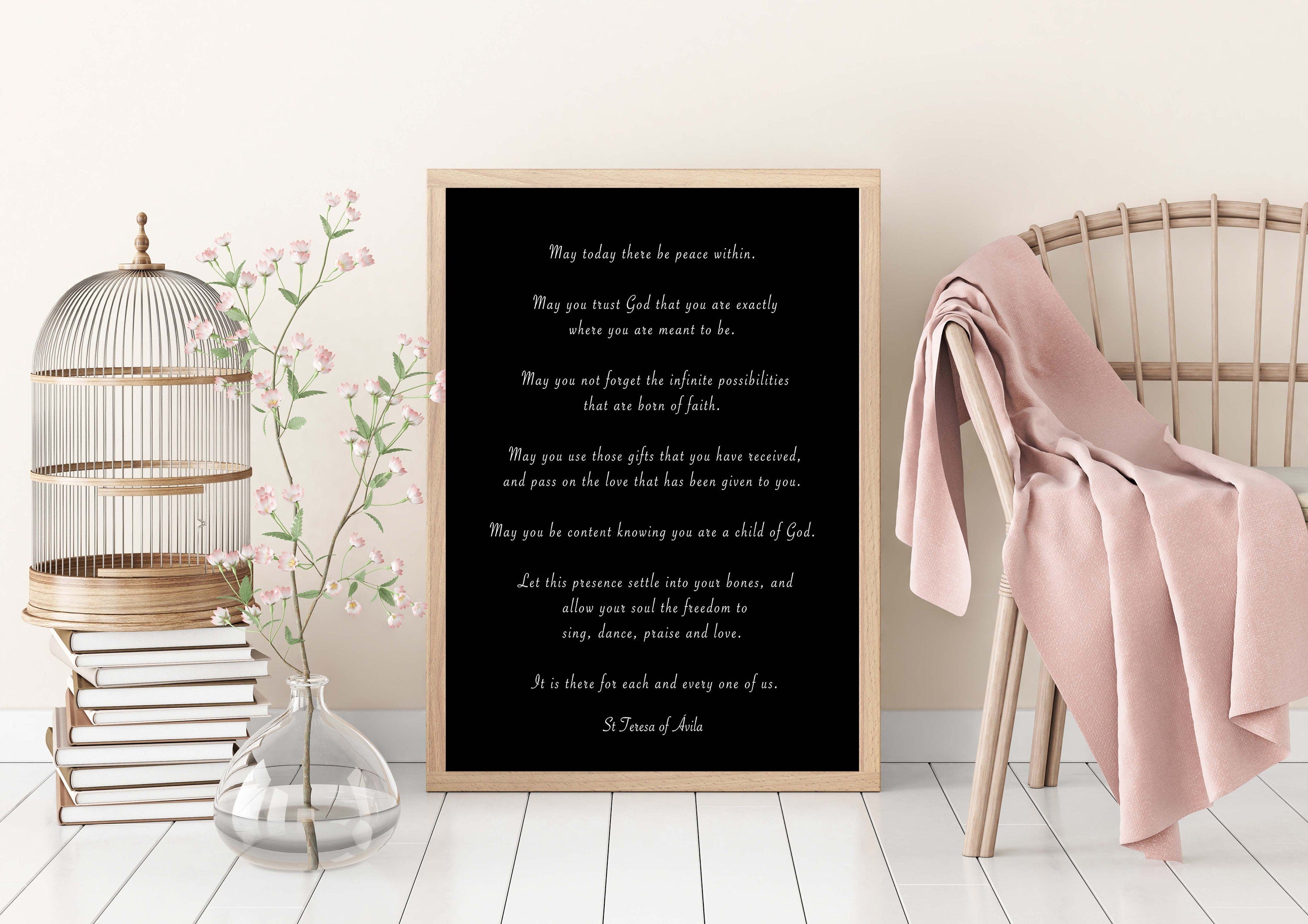 St. Teresa Of Avila Peace Quote Print in Black & White, May Today There Be Peace Within Inspirational Quote Wall Art Print