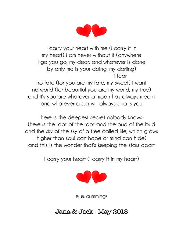 E. E. Cummings Love Poem Art Print – I Carry Your Heart With Me – Romantic Literary Wall Art