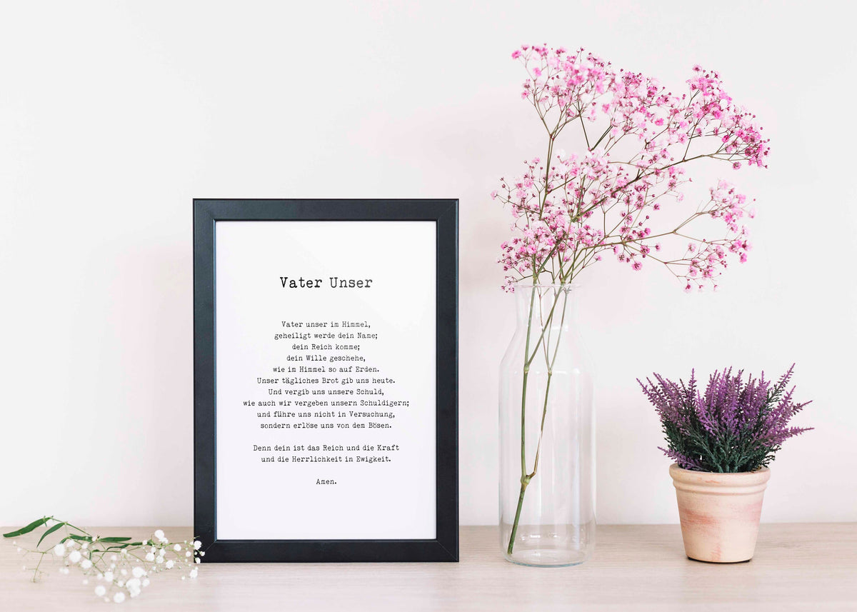 German LORD's Prayer Unframed and Framed Quote Print in Vintage Style, Vater Unser Our Father Prayer Christian Wall Art Inspirational Quote