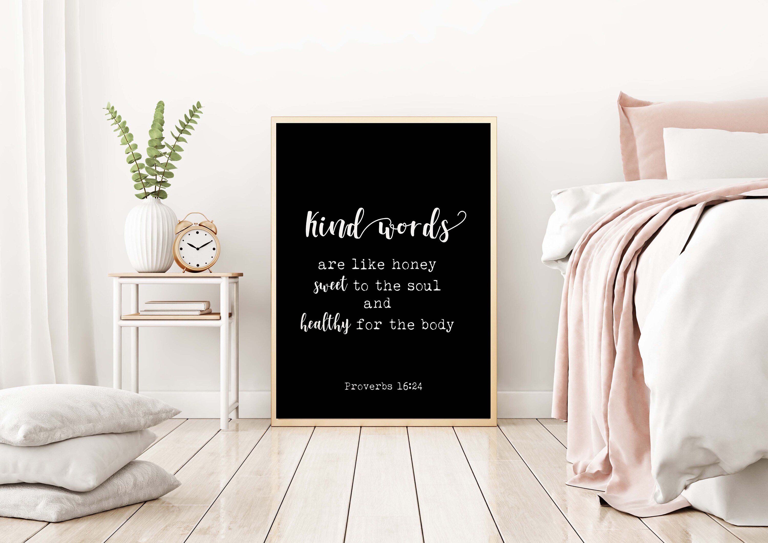 PROVERBS 16:24 Quote Print, Bible Verse Kind Words Are Like Honey Wall Art Print in Black & White