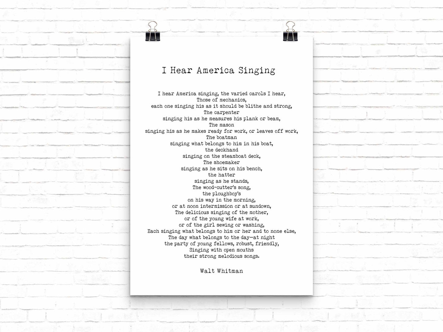 I Hear America Singing Poem, Walt Whitman Wall Art Print