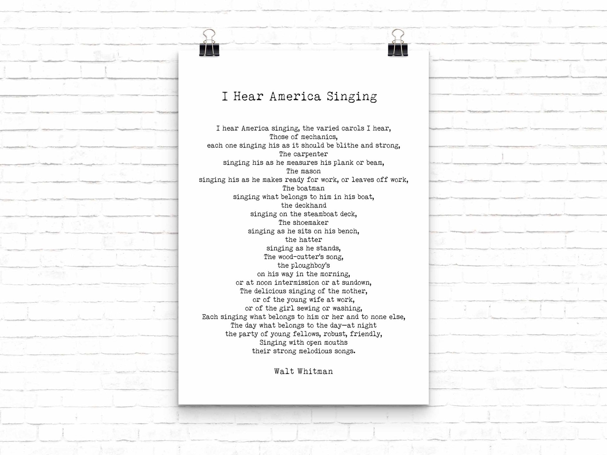 I Hear America Singing Poem, Walt Whitman Wall Art Print