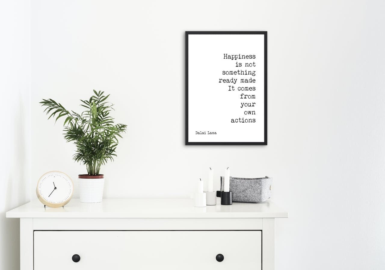 Dalai Lama Quote Print Happiness Comes From Your Actions Motivational Wall Art Black Or White Minimalist Wisdom Gift For Mindful Living