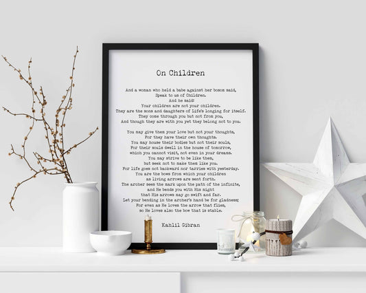 On Children Poem Print by Kahlil Gibran – Black and White or Vintage Literary Wall Art