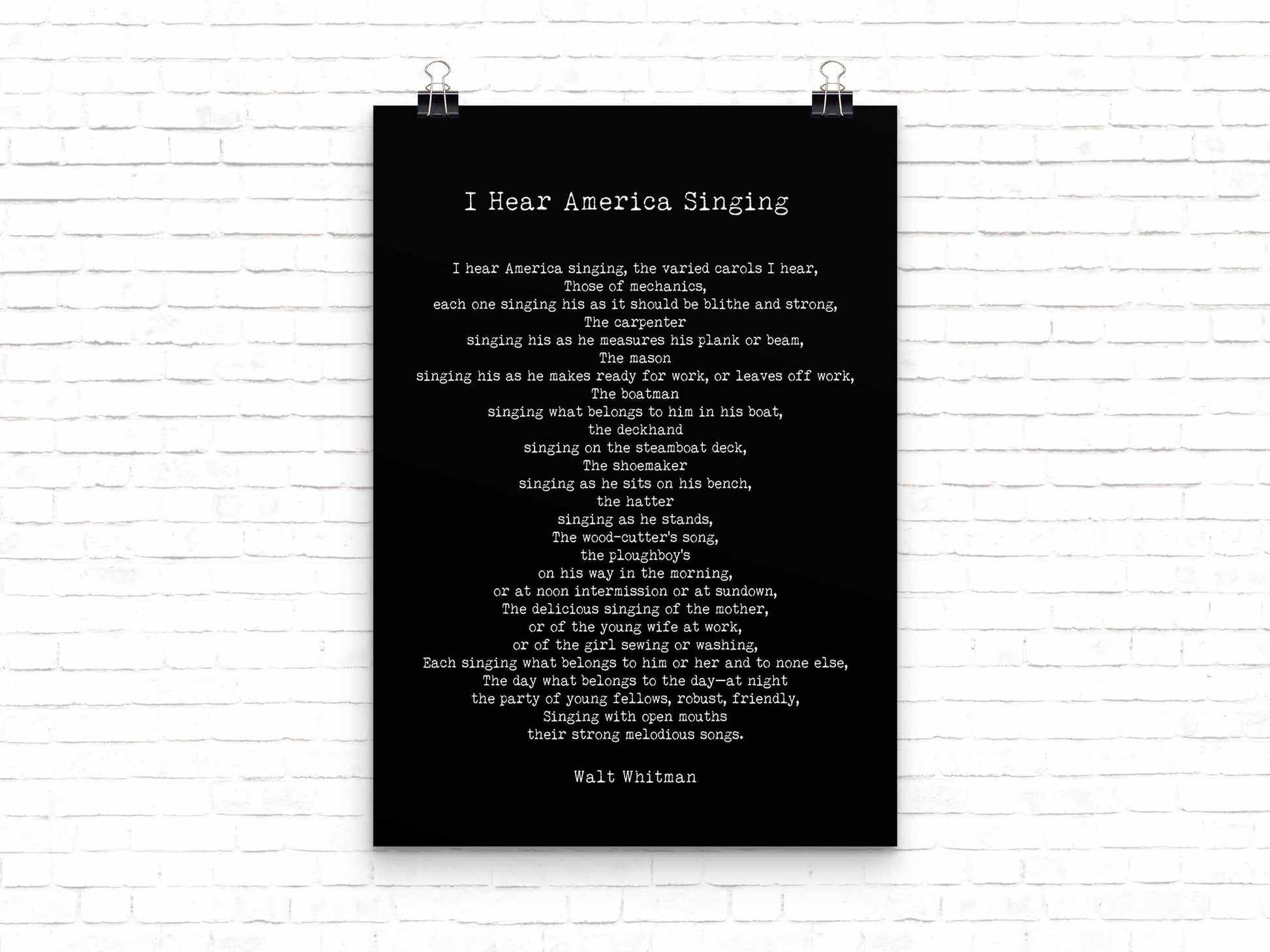 I Hear America Singing Poem, Walt Whitman Wall Art Print