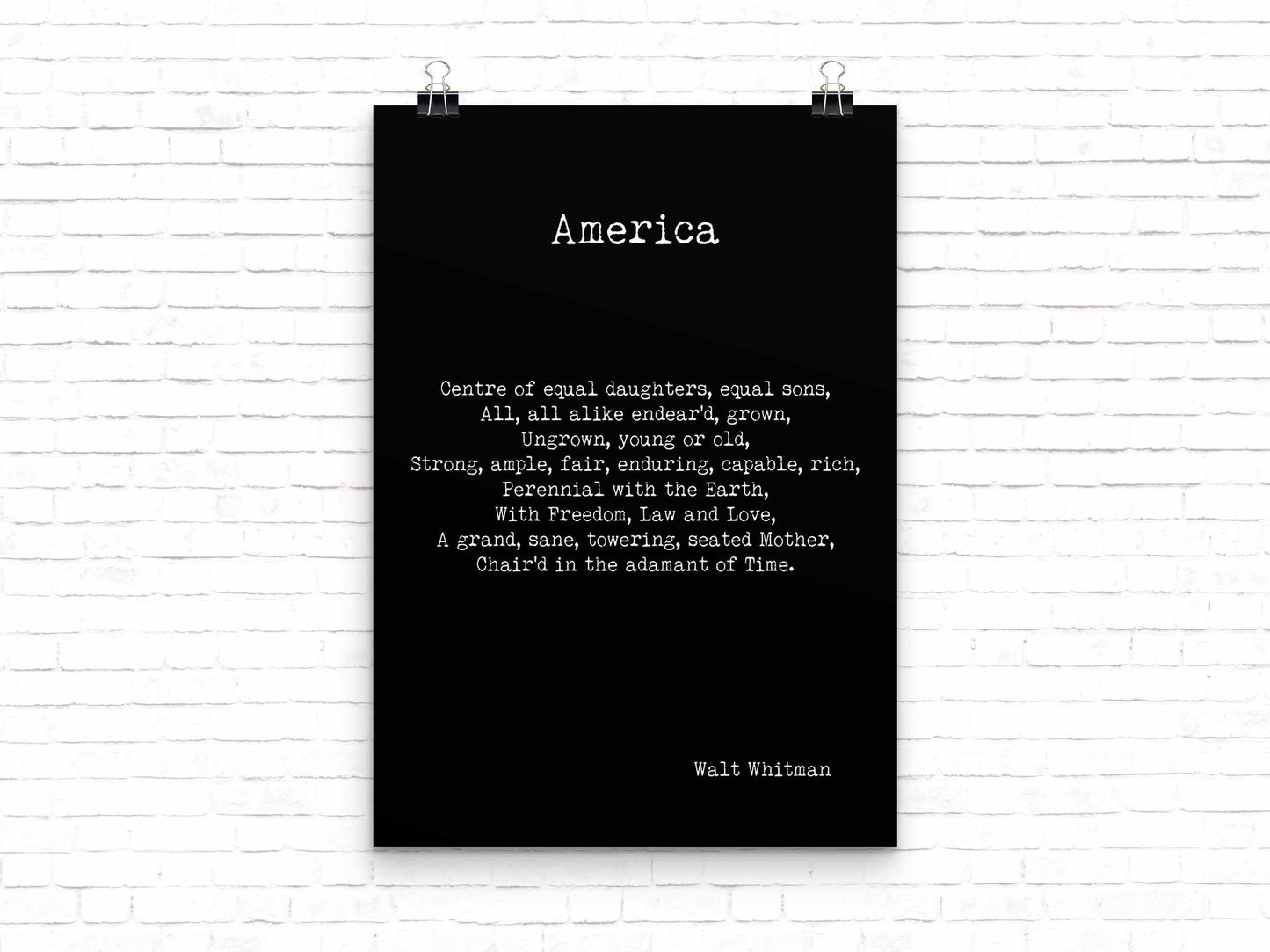Walt Whitman America Poem Wall Art Print, Unframed Inspirational Poetry Poster in Black & White for Wall Decor
