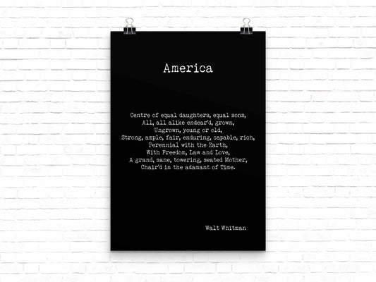 Walt Whitman America Poem Wall Art Print, Unframed Inspirational Poetry Poster in Black & White for Wall Decor