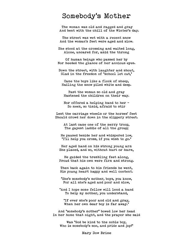 Somebody&#39;s Mother Mary Dow Brine Poem