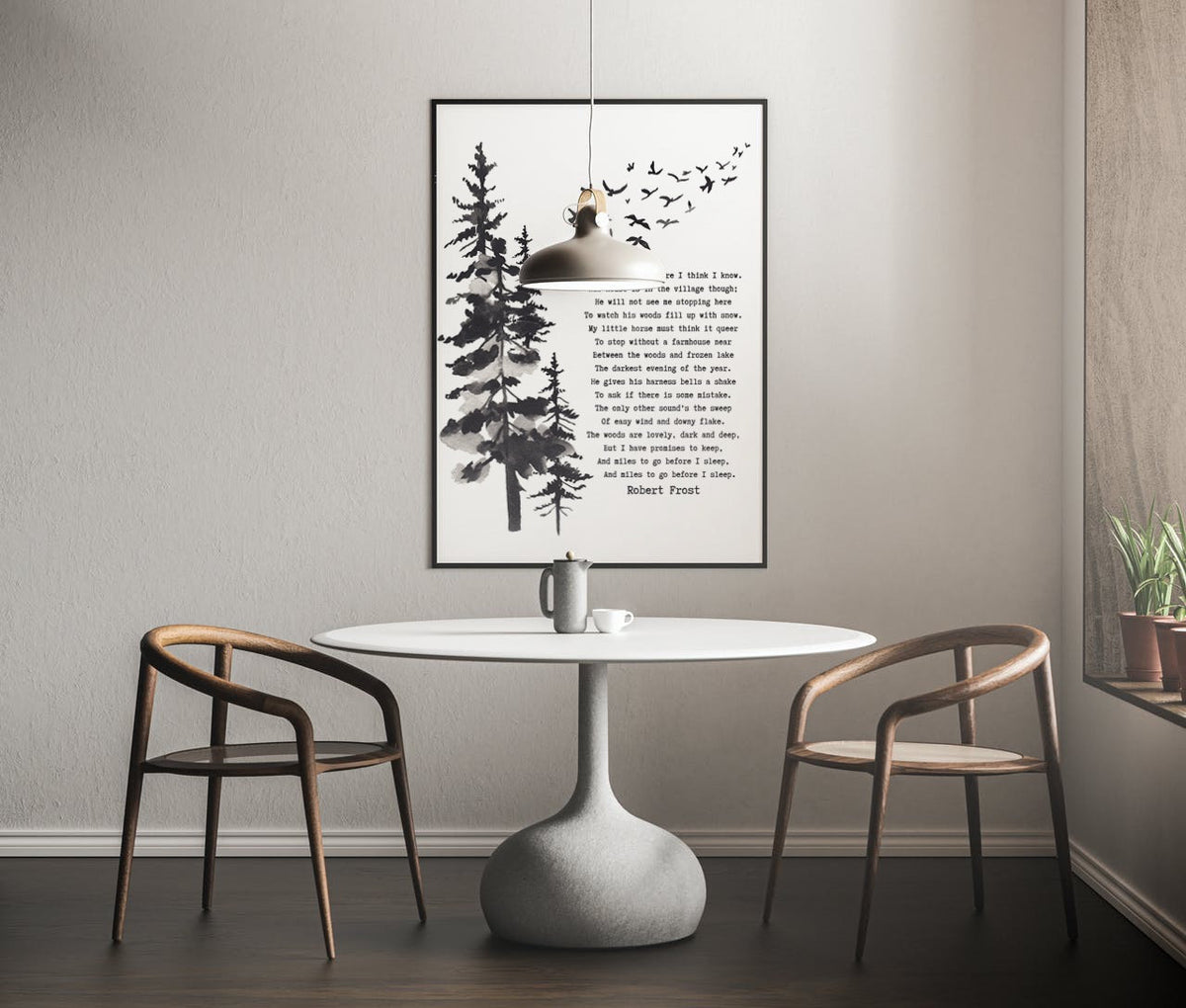 Framed Art Robert Frost Stopping by the Woods on a Snowy Evening Wall Art Print in Black & White for Home Wall Decor