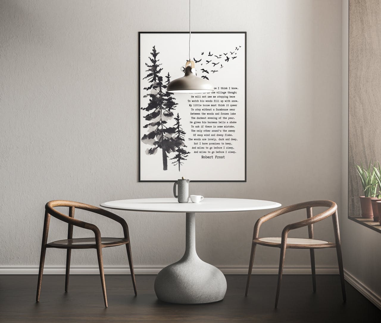 Framed Art Robert Frost Stopping by the Woods on a Snowy Evening Wall Art Print in Black & White for Home Wall Decor