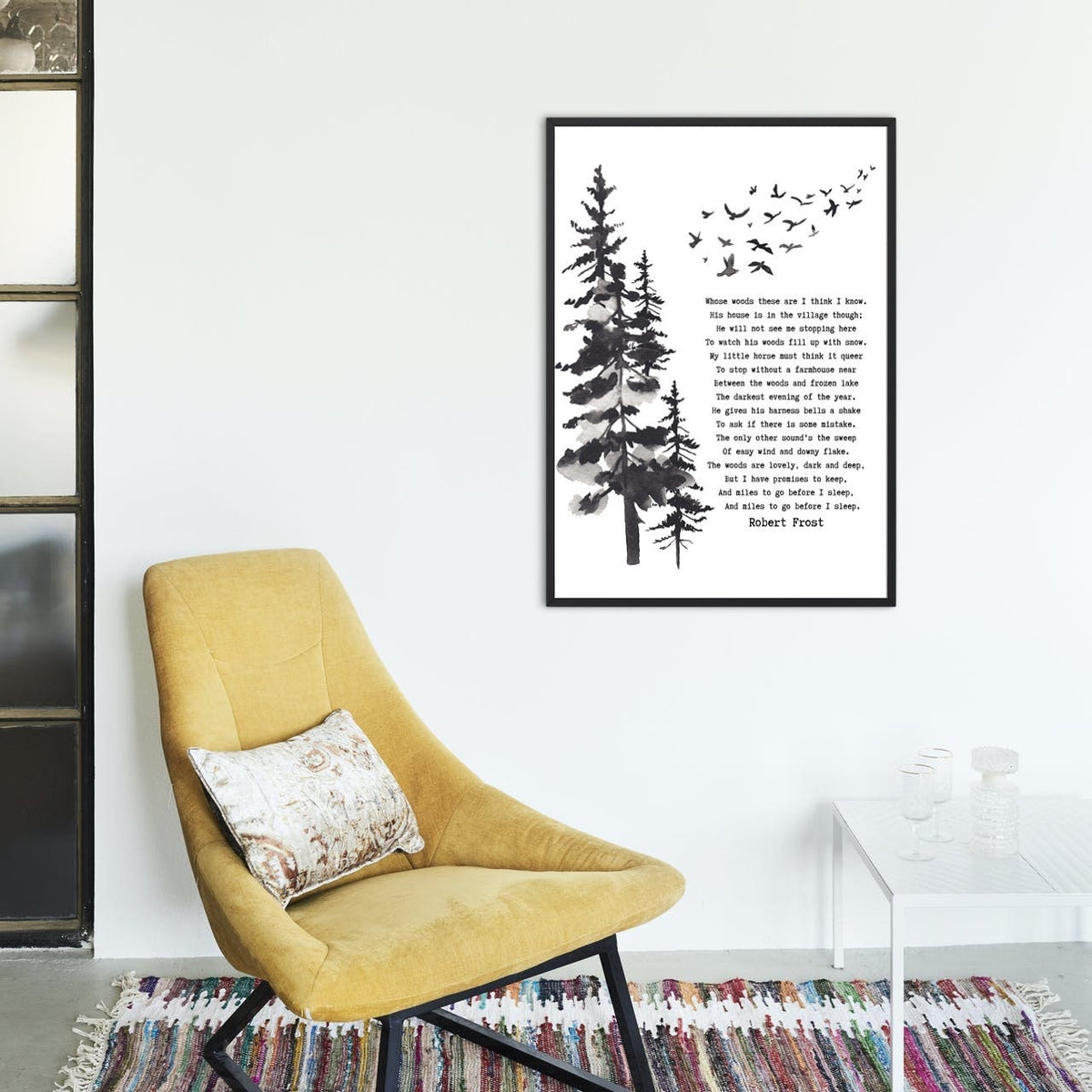Framed Art Robert Frost Stopping by the Woods on a Snowy Evening Wall Art Print in Black & White for Home Wall Decor