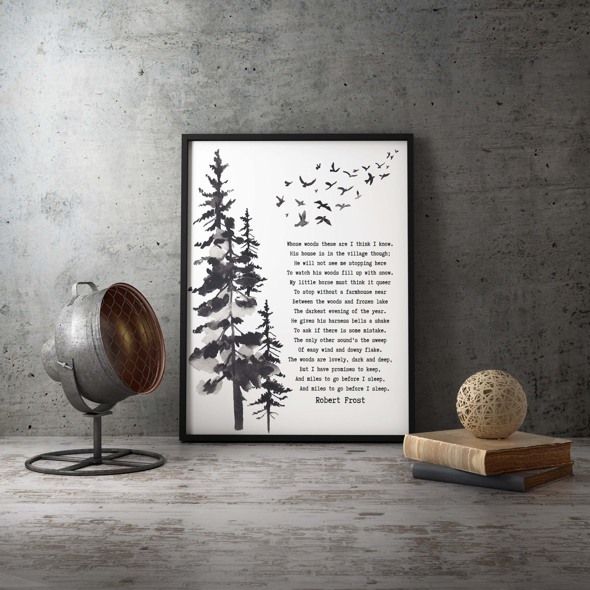 Framed Art Robert Frost Stopping by the Woods on a Snowy Evening Wall Art Print in Black & White for Home Wall Decor