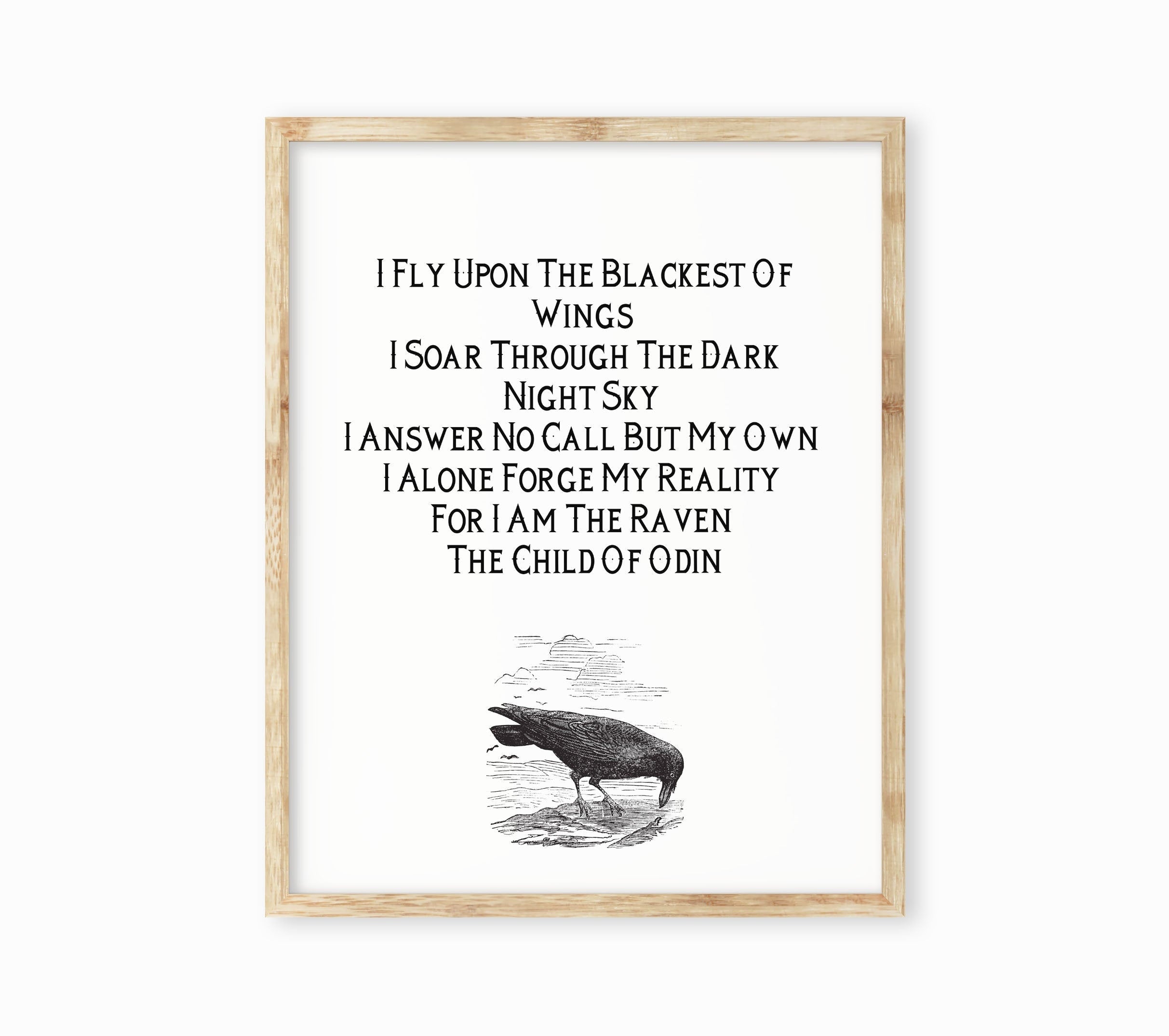 Norse Viking Poetry Child of Odin Wall Art Print, I Fly Upon The Blackest of Wings Unframed Black & White Art