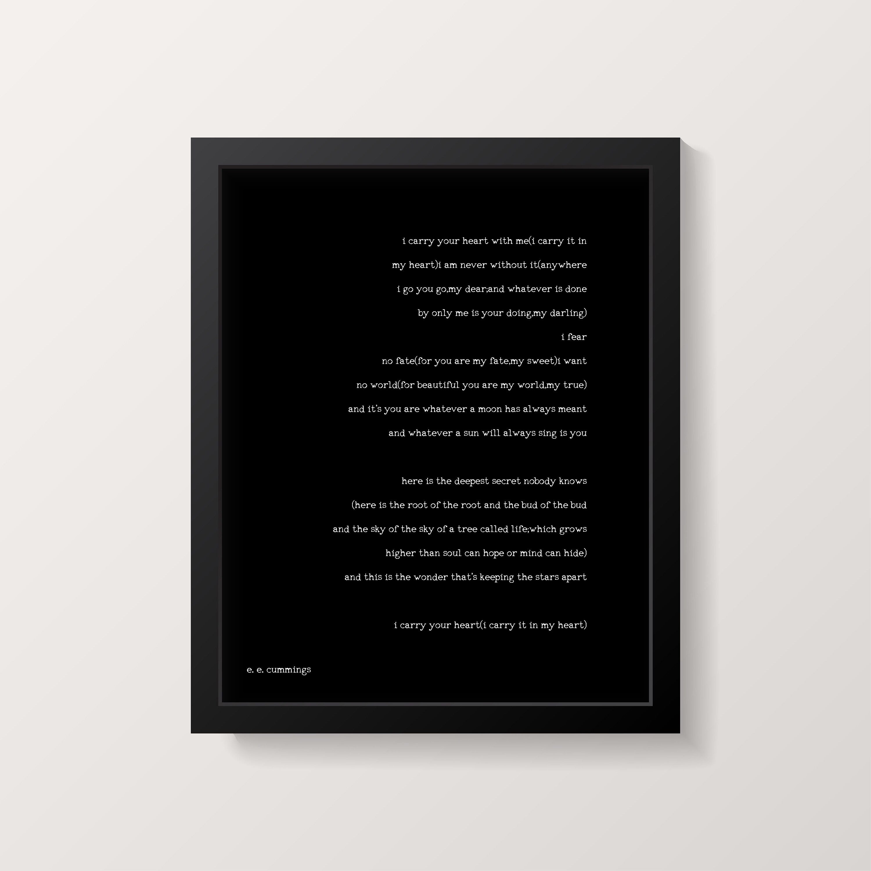 Framed i carry your heart Print - EE Cummings Wall Art Prints, your heart in my heart wall art