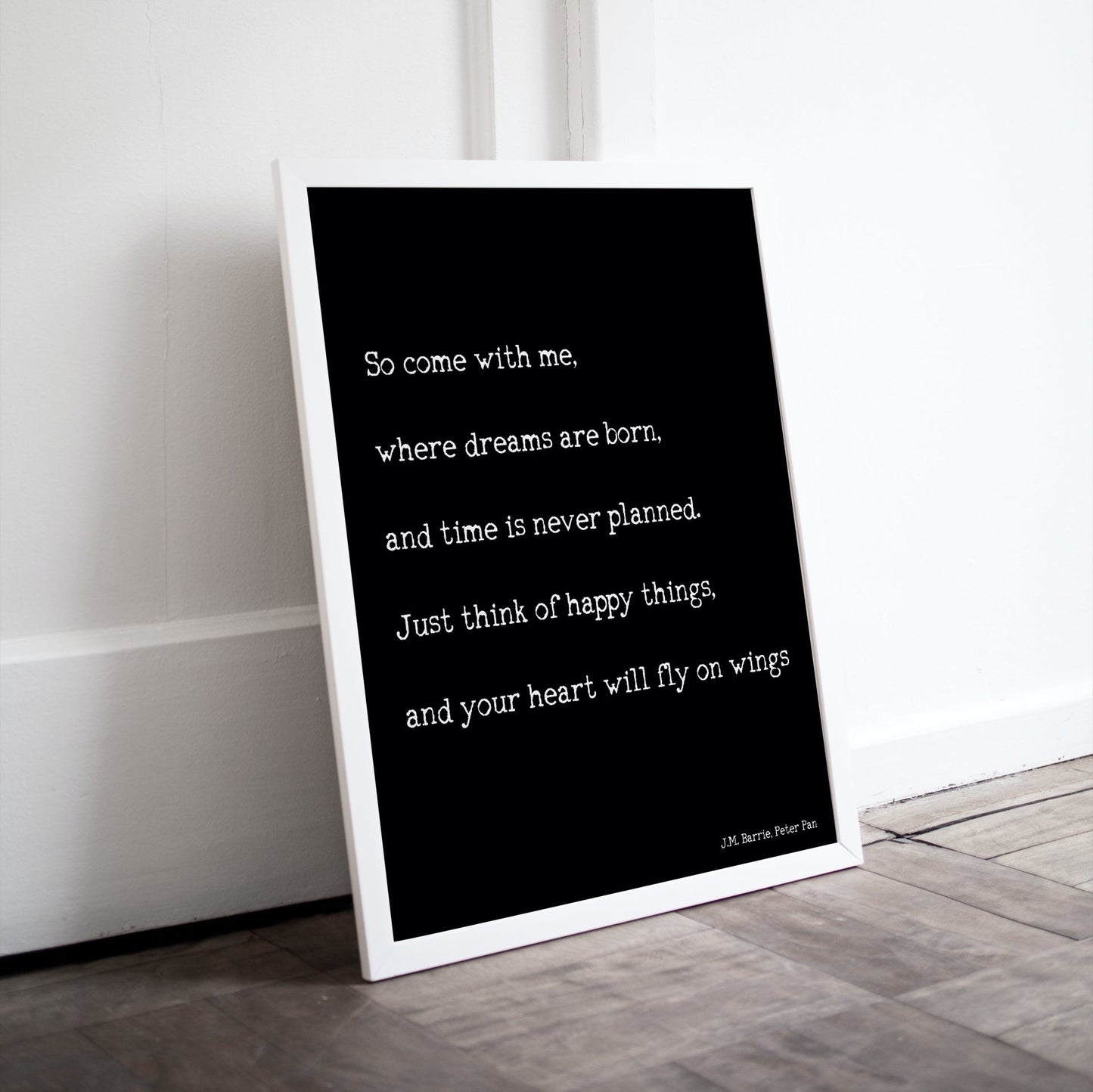 Peter Pan Art Print, "Think Of Happy Things" Inspirational Quote Unframed or Framed Decor
