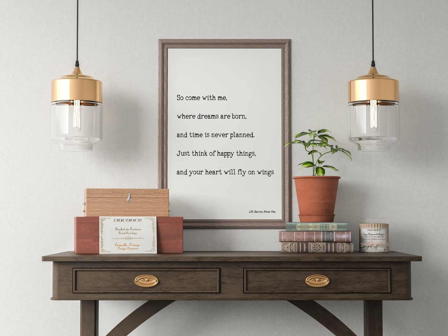 Peter Pan Art Print, "Think Of Happy Things" Inspirational Quote Unframed or Framed Decor