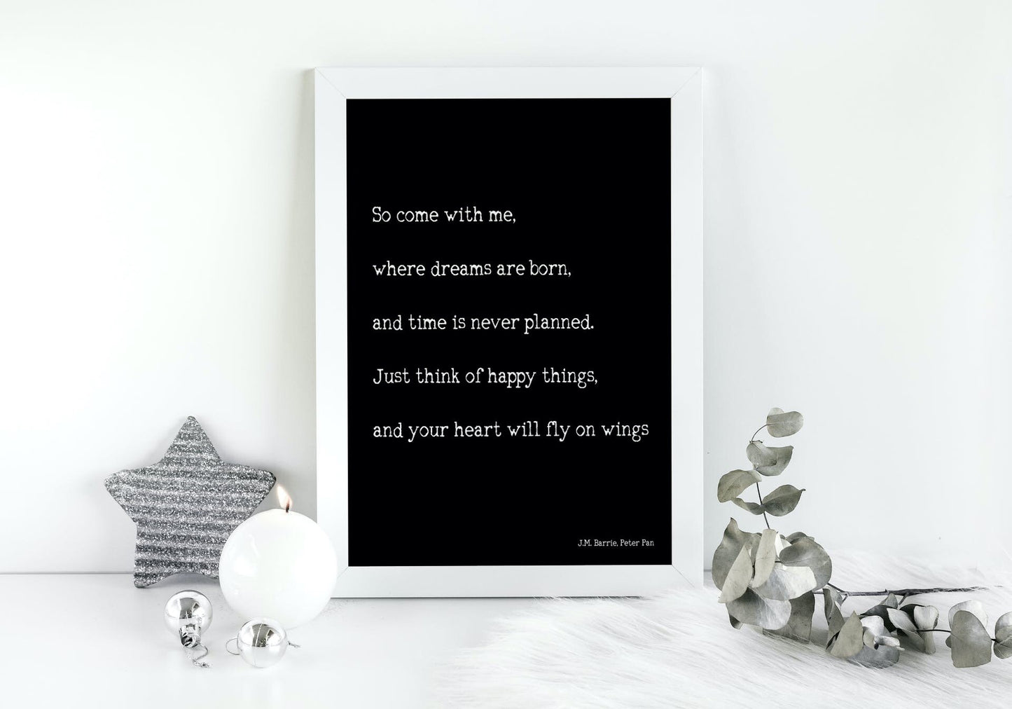 Peter Pan Art Print, "Think Of Happy Things" Inspirational Quote Unframed or Framed Decor