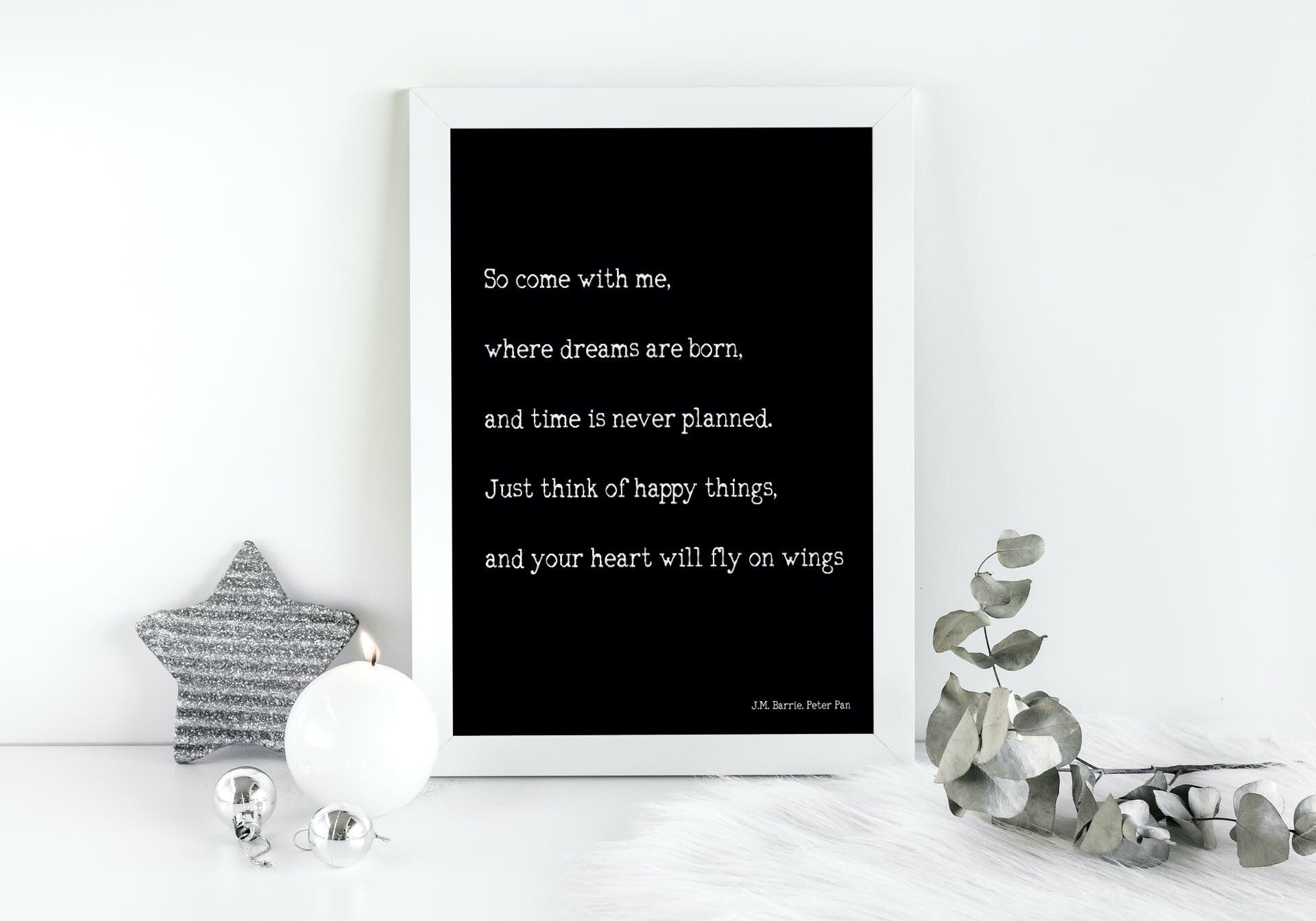 Peter Pan Art Print, "Think Of Happy Things" Inspirational Quote Unframed or Framed Decor