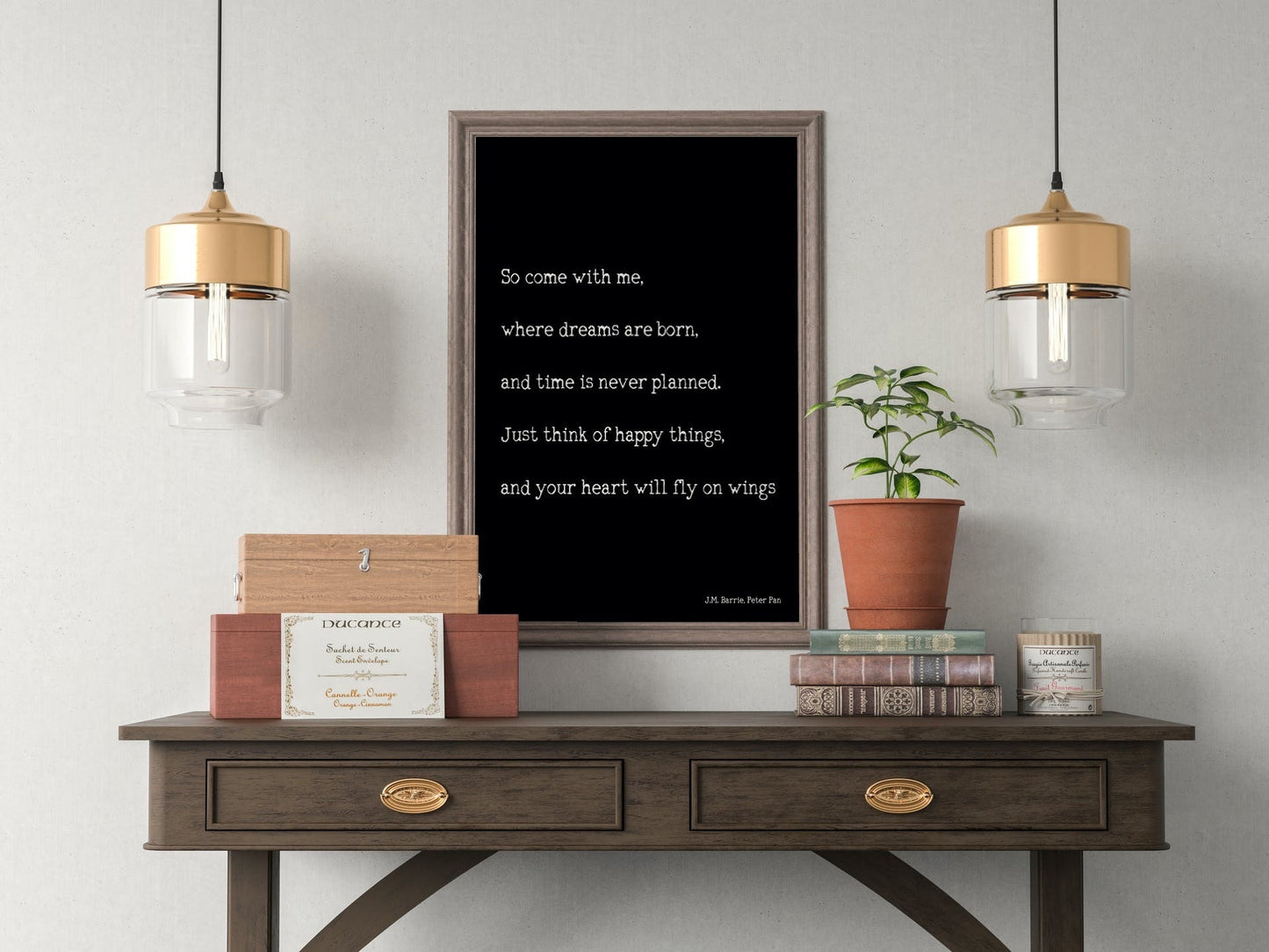Peter Pan Art Print, "Think Of Happy Things" Inspirational Quote Unframed or Framed Decor