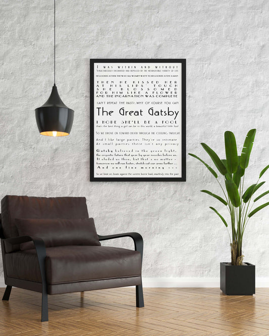 The Great Gatsby quote collage print black background literary wall art F Scott Fitzgerald bookish home office decor minimalist style