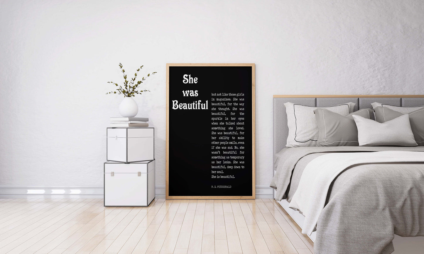 She Was Beautiful Literary Quote Art, F Scott Fitzgerald Unframed & Framed Wall Decor